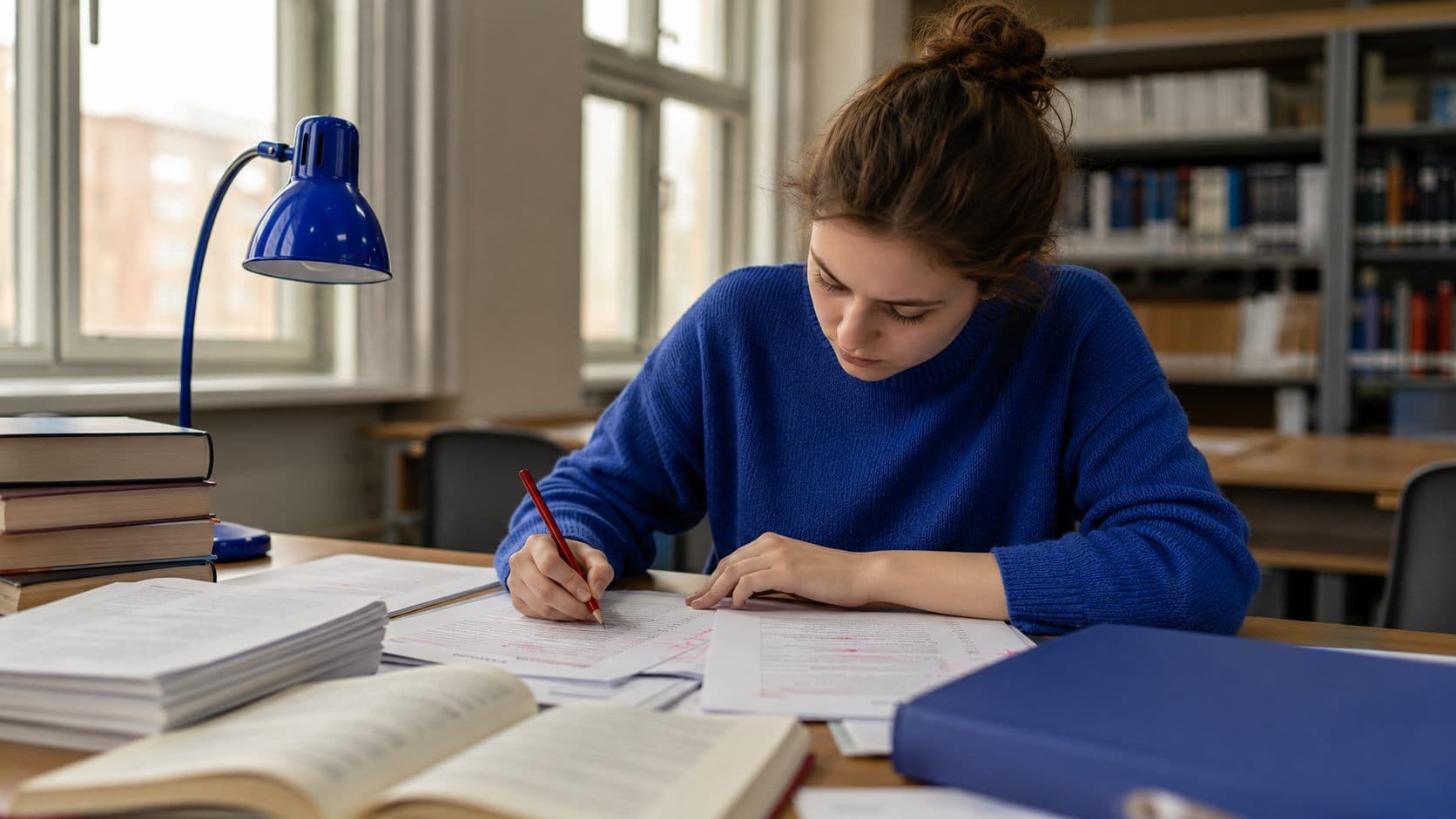 Редактор вычитывает гранки с карандашом в библиотеке